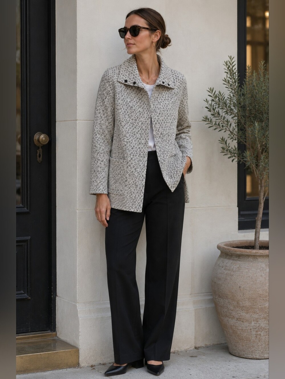 AYR Black White Textured Woven Funnel Neck Coat Jacket Small Raglan Bemberg Line